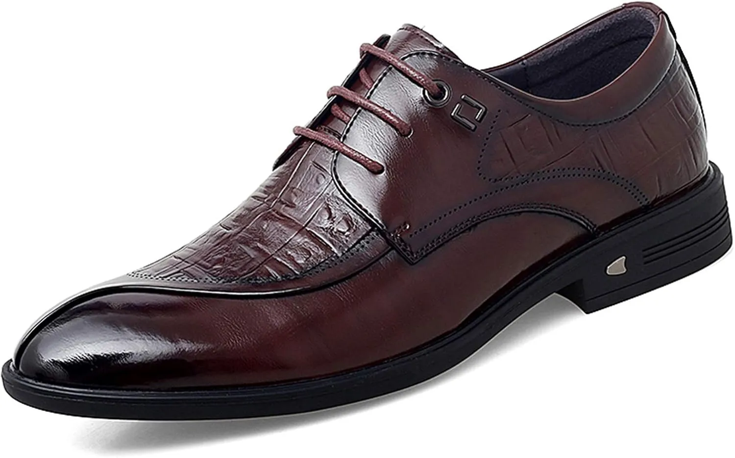 Single Season Oxford Formal Shoes for Men Lace Up Split Round Toe Crocodile Embossed Derby Shoes Vegan Leather Anti-Slip Low Top Block Heel Party Very Popular Among Young People