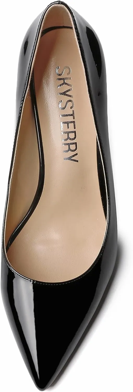 SKYSTERRY Women's Slip On Casual Patent Pointed Toe Office Spool High Heel Pumps Shoes 3.3 Inch