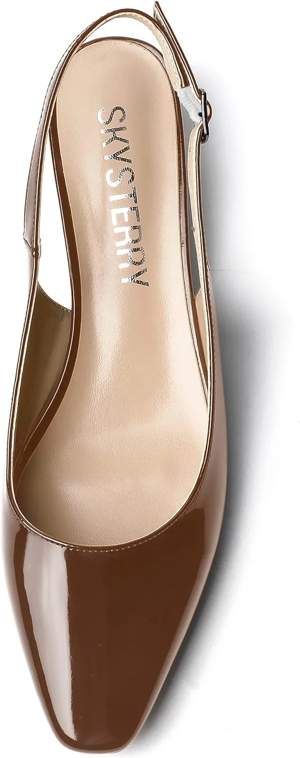SKYSTERRY Women's Slip On Square Toe Casual Patent Slingback Dating Spool Low Heel Pumps Shoes 1.5 Inch