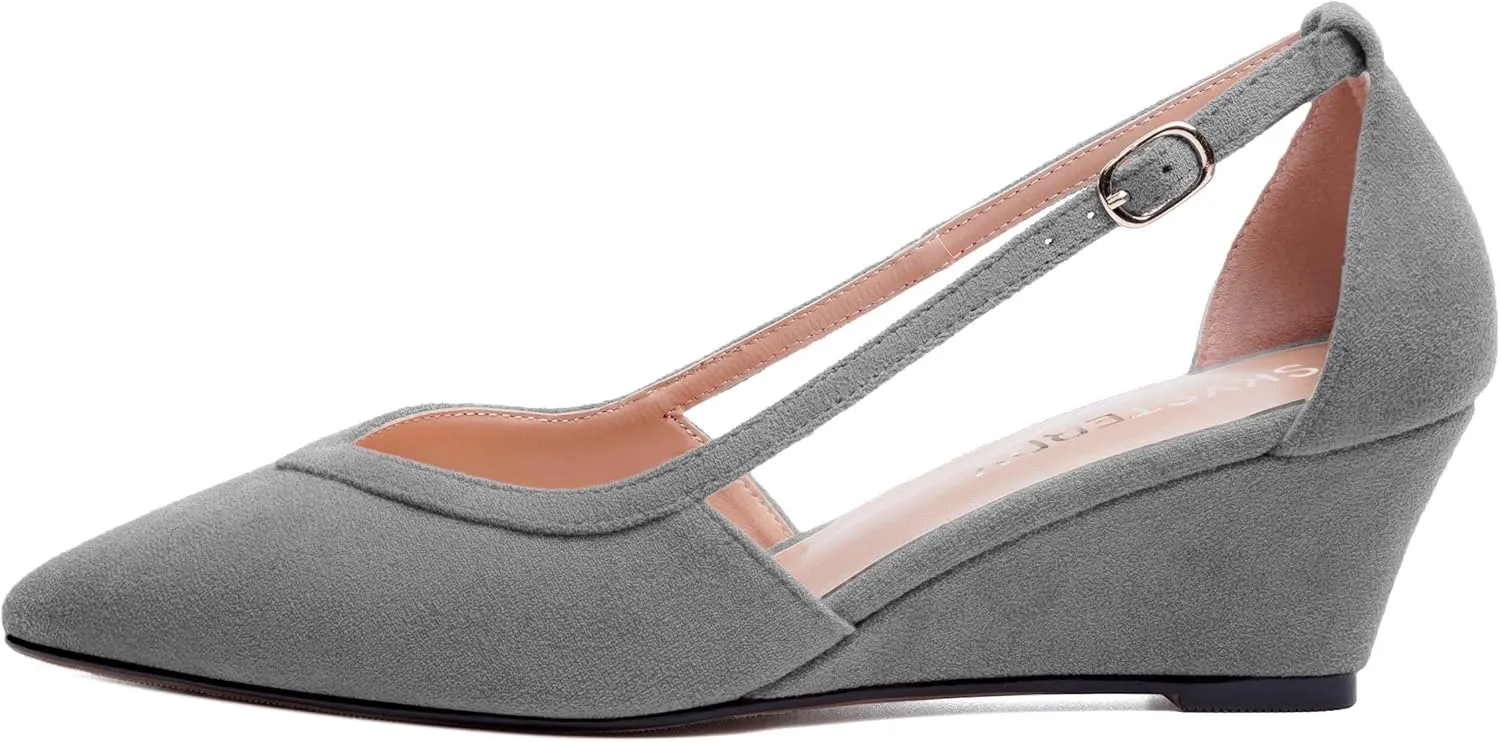 SKYSTERRY Womens Wedding Suede Slip On Pointed Toe Dress Wedge Low Heel Pumps Shoes 2 Inch