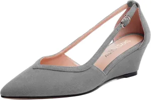 SKYSTERRY Womens Wedding Suede Slip On Pointed Toe Dress Wedge Low Heel Pumps Shoes 2 Inch