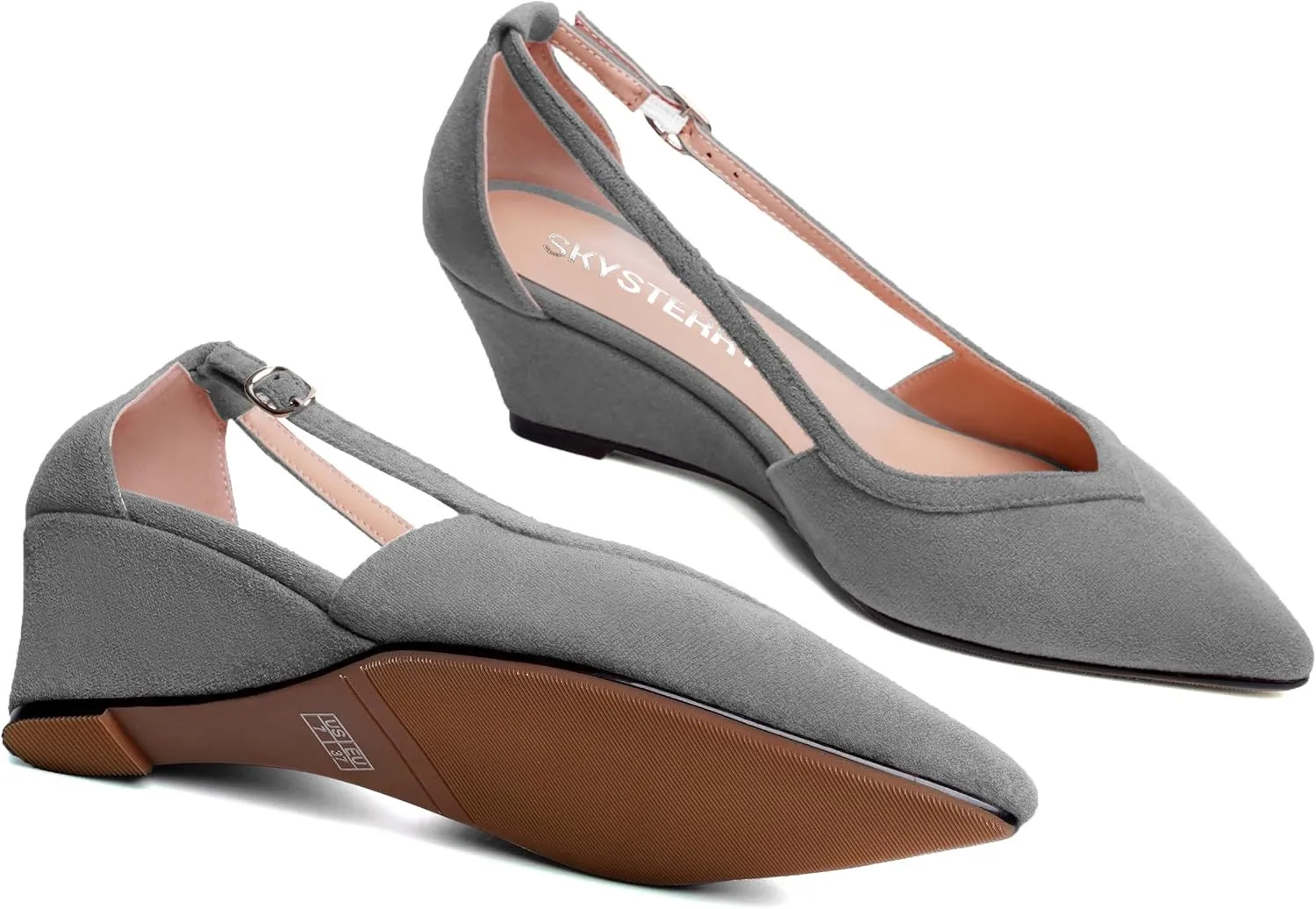 SKYSTERRY Womens Wedding Suede Slip On Pointed Toe Dress Wedge Low Heel Pumps Shoes 2 Inch