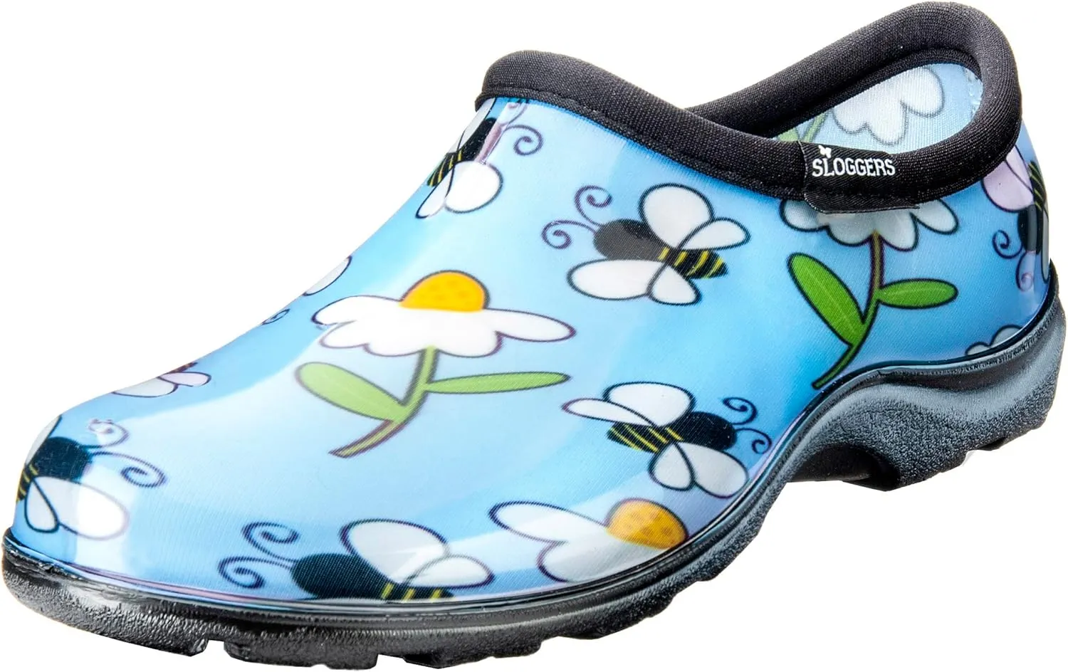 Sloggers Original Waterproof Rain and Garden Shoe for Women– Outdoor Slip-On Garden Clog - Made in The USA with Premium Comfort Insole and Arch Support - Lt Blue Bee Print, Size 7