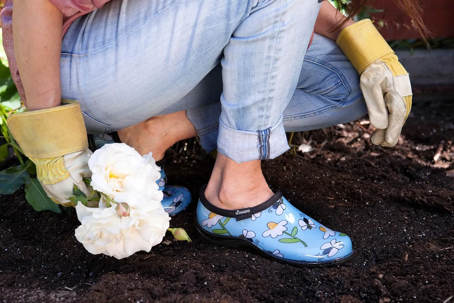 Sloggers Original Waterproof Rain and Garden Shoe for Women– Outdoor Slip-On Garden Clog - Made in The USA with Premium Comfort Insole and Arch Support - Lt Blue Bee Print, Size 7