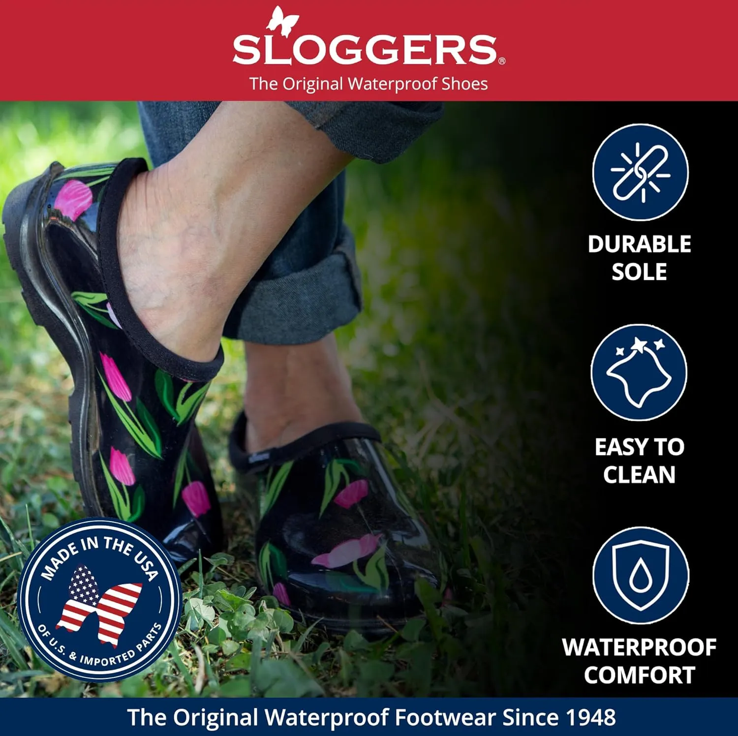 Sloggers Original Waterproof Rain and Garden Shoe for Women– Outdoor Slip-On Garden Clog - Made in The USA with Premium Comfort Insole and Arch Support - Lt Blue Bee Print, Size 7