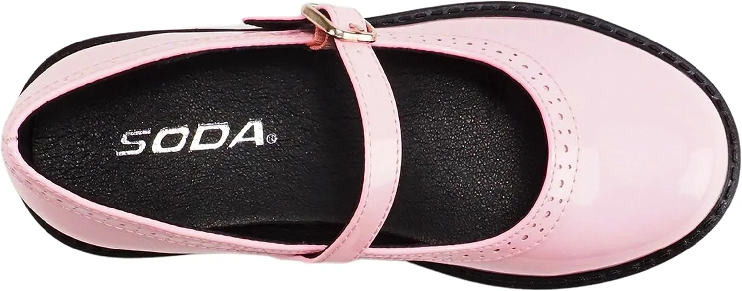 Soda “FLIP-2” ~ Little Kids/Children/Girls Round Close Toe Wingtip Mary Jane Buckle Strap Lug Sole Low Heel Shoe