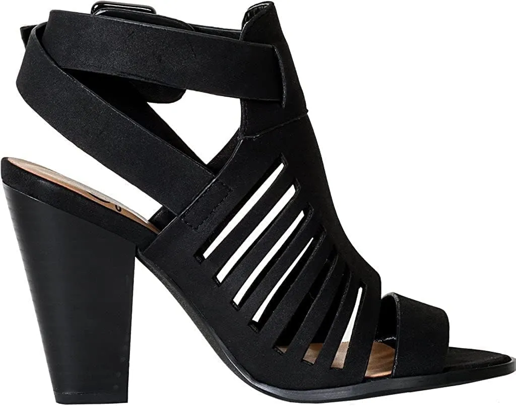 Soda Yummy ~ Gladiator Cutout Stacked Heel Sandal Shoes with Adjustable Ankle Buckle