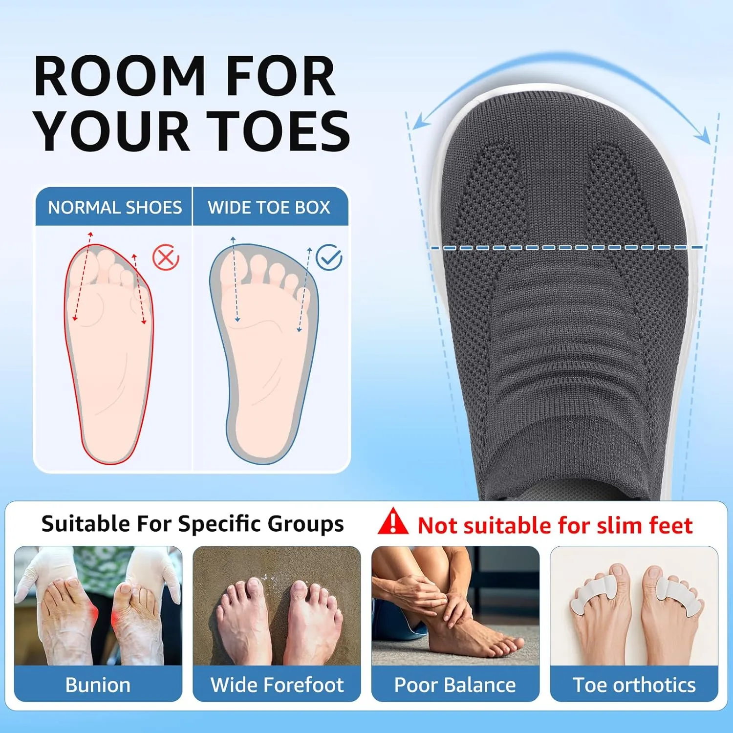 STQ Wide Toe Box Walking Shoes Women : Sock Orthopedic Slip On Shoe, Non-Slip Comfort Mesh Diabetic Sneakers for Plantar Fasciitis Relief, Bunions