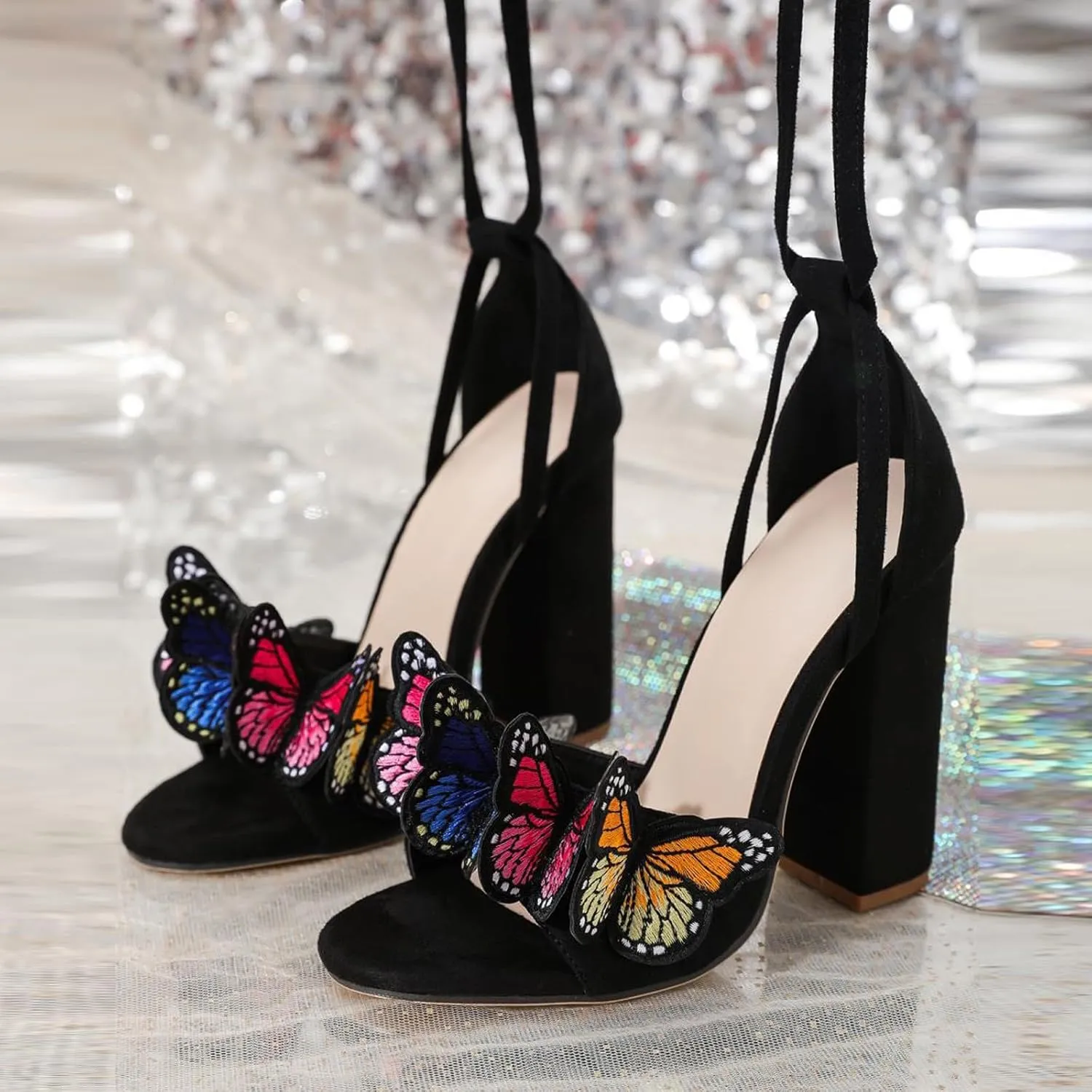 Strappy Heels for Women Bow Ankle Wrap Chunky Heels Open Toe Strappy Sandals Wedding Bride Dressy Pumps Block Heels