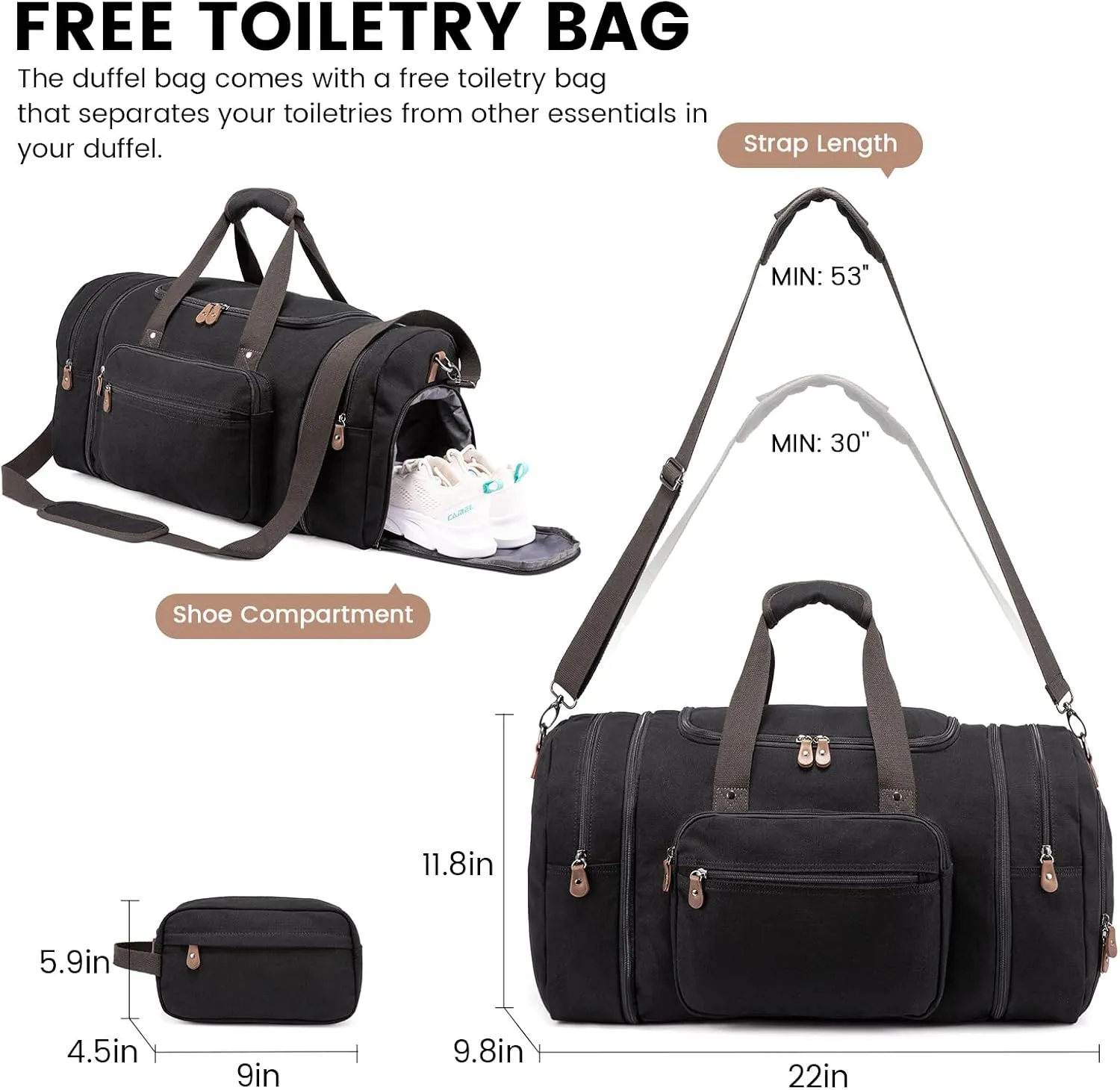 Sucipi Canvas Travel Duffel 43L Overnight Carry-On with Shoe Compartment & Toiletry Bag