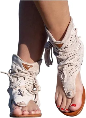 Tassel Sandals for Women, Retro Bohemian Gladiator Fringe Casual Shoes Flat Clip Toe Ankle Boots Beach Sandals T-Strap Roman Open-Toe Sandals