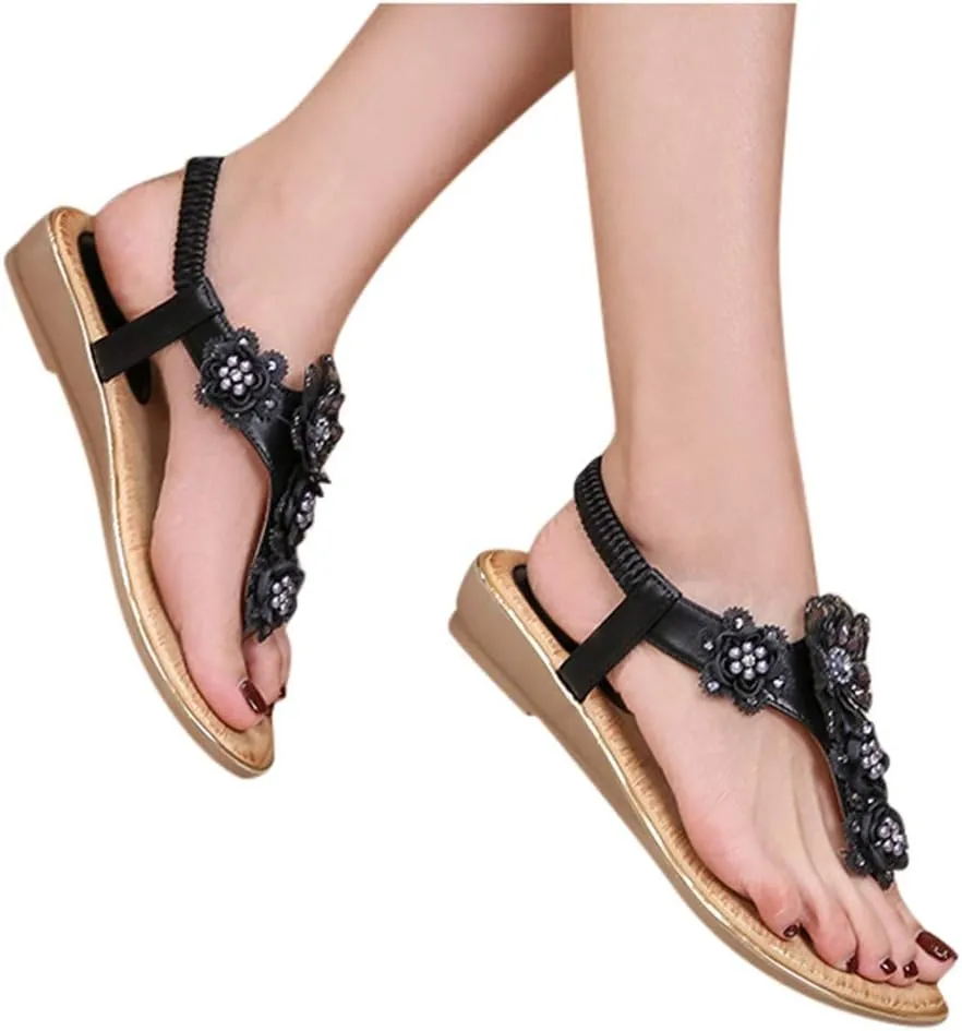 Thong Sandals for Women Beach,Bohemia Floral Flat Sandals T-Strap Summer Beach Glitter Beaded Elastic Flip-Flop Thong Shoes