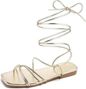 Tilocow Womens Gladiator Strappy Sandals Flats Slides Thong Lace up Dressy Summer Roman Shoes