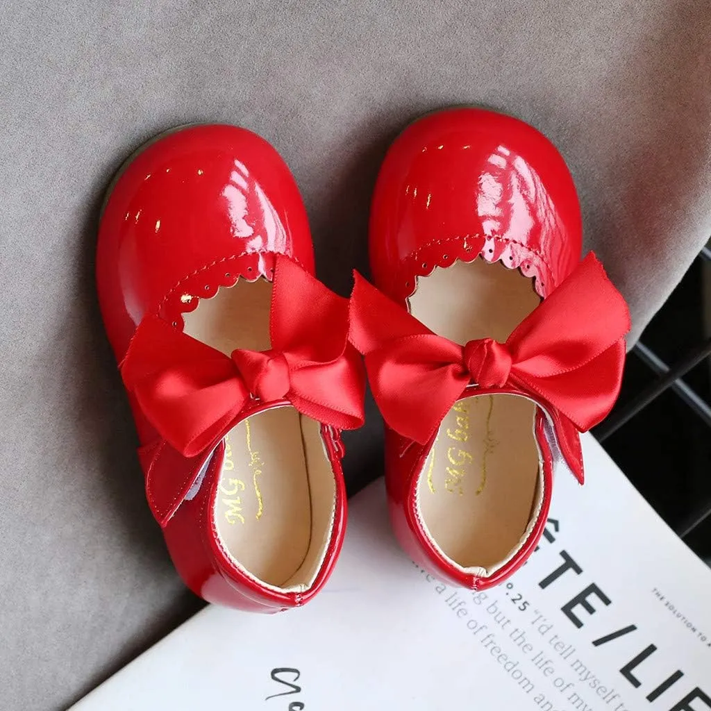 Toddler Girls Bow Mary Jane Shoes Sole Rubber Leather Closed Toe Ankle Sneaker Kids Dress Dance Non Slip Sport Shoes