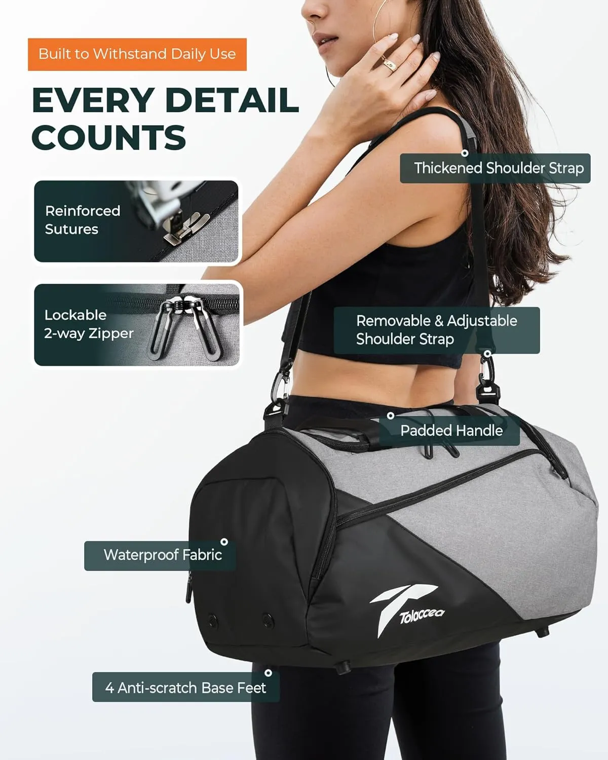Tolaccea Gym Bag for Men Women, Small Sport Duffel Bag with Shoe Compartment Wet Compartment, Travel Duffel Bag, Weekend Bag Carry On Backpack for Gym, Travel, Fitness, Workout (Grey, 35L)