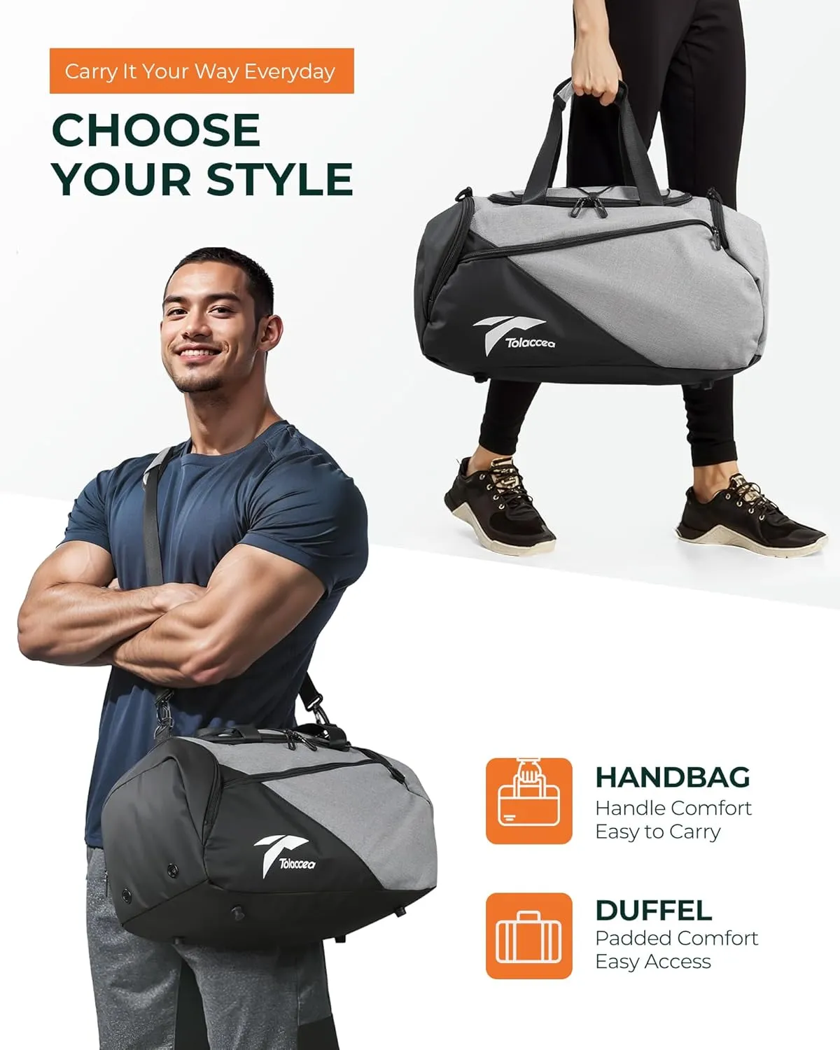 Tolaccea Gym Bag for Men Women, Small Sport Duffel Bag with Shoe Compartment Wet Compartment, Travel Duffel Bag, Weekend Bag Carry On Backpack for Gym, Travel, Fitness, Workout (Grey, 35L)