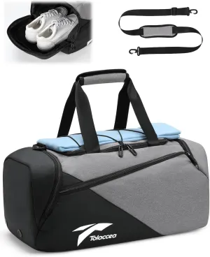 Tolaccea Gym Bag for Men Women, Small Sport Duffel Bag with Shoe Compartment Wet Compartment, Travel Duffel Bag, Weekend Bag Carry On Backpack for Gym, Travel, Fitness, Workout (Grey, 35L)