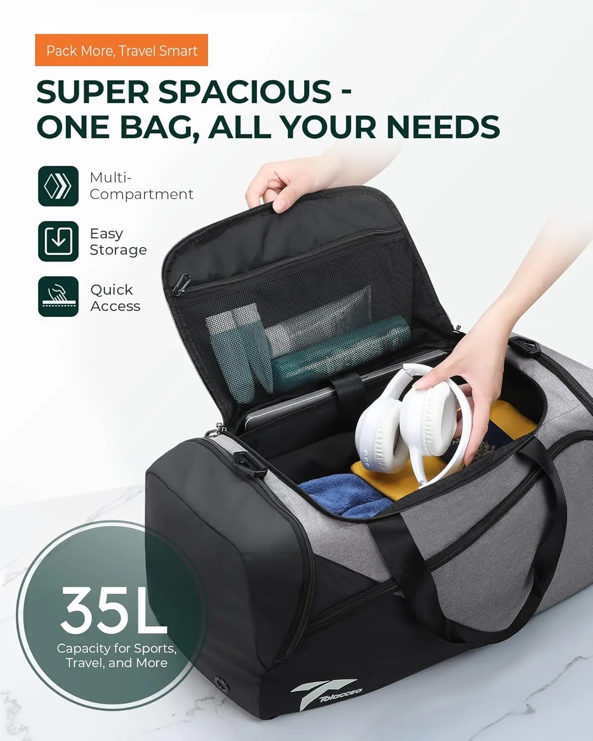 Tolaccea Gym Bag for Men Women, Small Sport Duffel Bag with Shoe Compartment Wet Compartment, Travel Duffel Bag, Weekend Bag Carry On Backpack for Gym, Travel, Fitness, Workout (Grey, 35L)