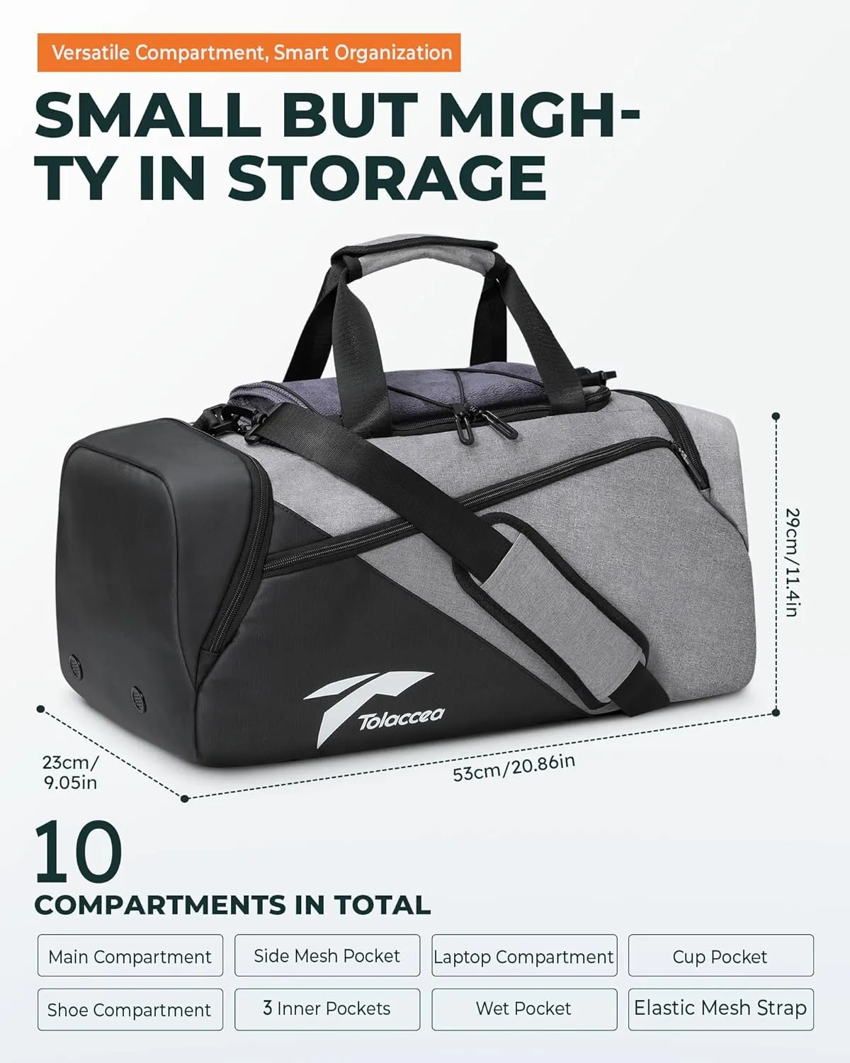 Tolaccea Gym Bag for Men Women, Small Sport Duffel Bag with Shoe Compartment Wet Compartment, Travel Duffel Bag, Weekend Bag Carry On Backpack for Gym, Travel, Fitness, Workout (Grey, 35L)