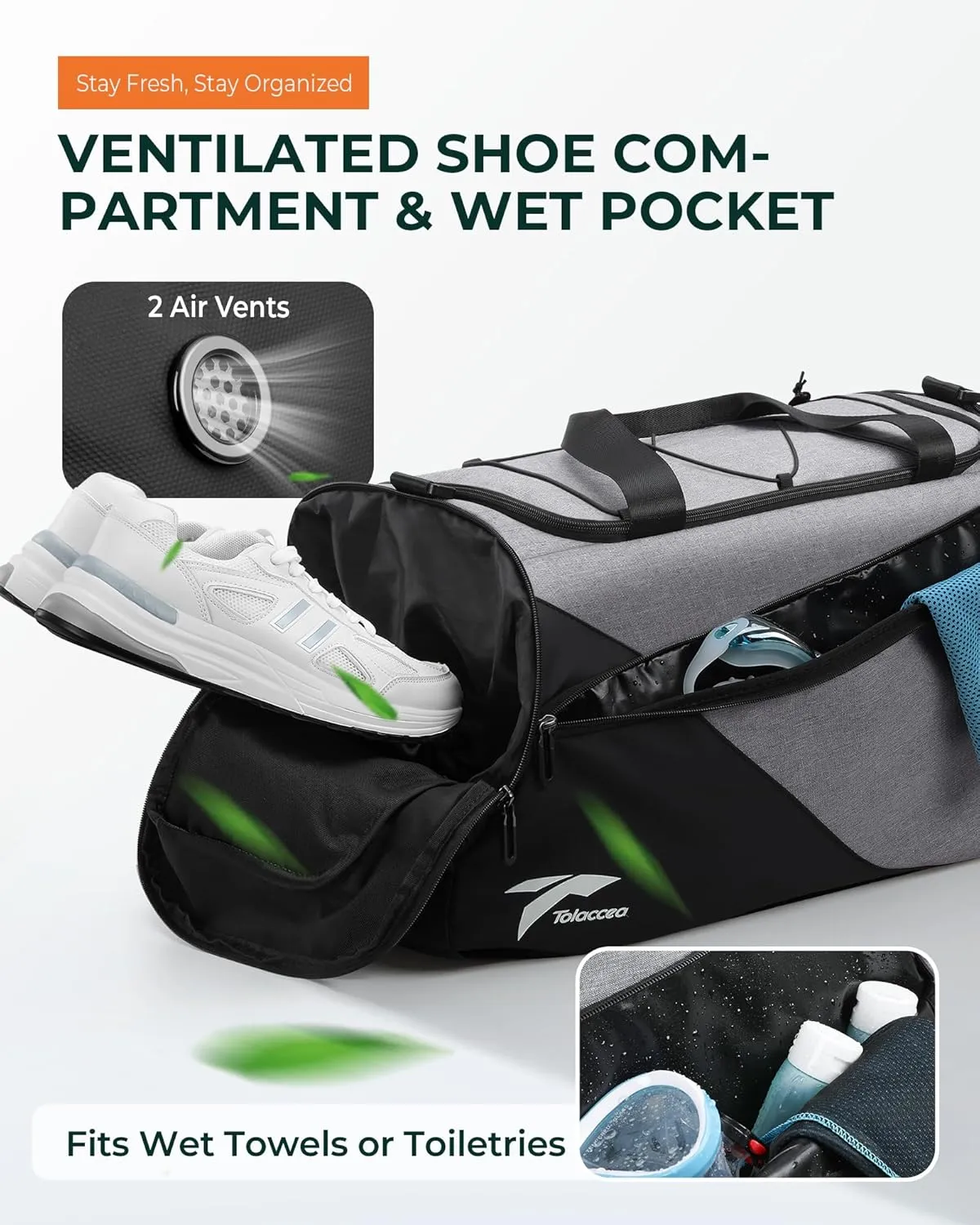 Tolaccea Gym Bag for Men Women, Small Sport Duffel Bag with Shoe Compartment Wet Compartment, Travel Duffel Bag, Weekend Bag Carry On Backpack for Gym, Travel, Fitness, Workout (Grey, 35L)