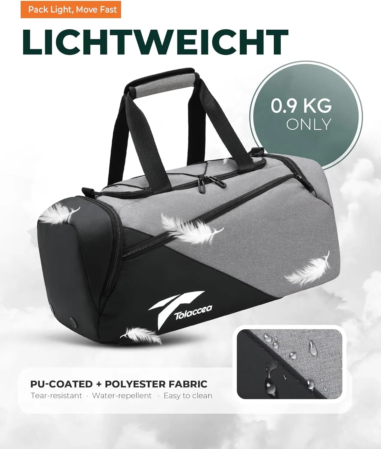 Tolaccea Gym Bag for Men Women, Small Sport Duffel Bag with Shoe Compartment Wet Compartment, Travel Duffel Bag, Weekend Bag Carry On Backpack for Gym, Travel, Fitness, Workout (Grey, 35L)