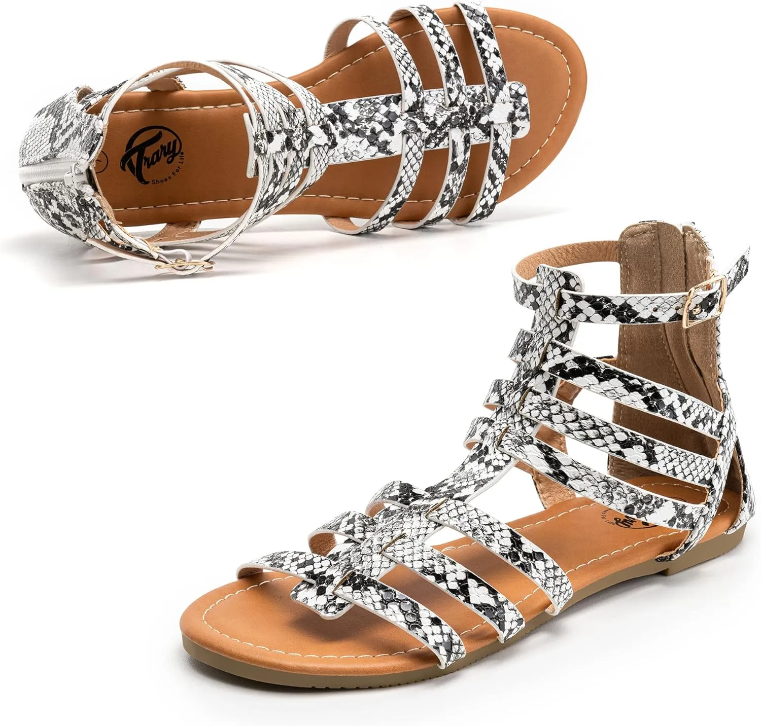 Trary Women's Sandal, Comfortable Gladiator Sandals Ankle Strap Flats Sandalias Para Mujer Beach Sandals Wide Width Open Toe Cross Strappy Sandals for Women Dressy Summer