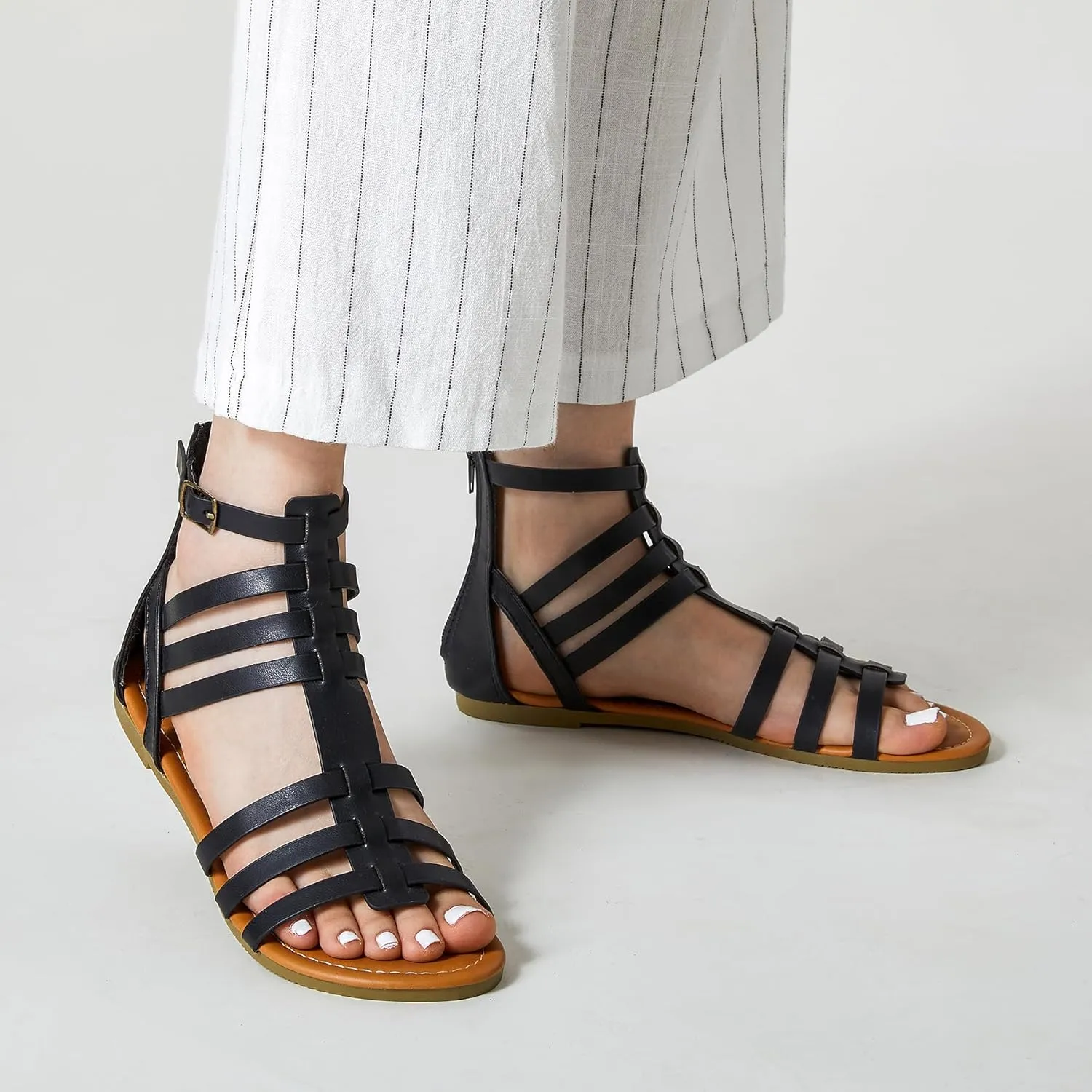 Trary Women's Sandal, Comfortable Gladiator Sandals Ankle Strap Flats Sandalias Para Mujer Beach Sandals Wide Width Open Toe Cross Strappy Sandals for Women Dressy Summer
