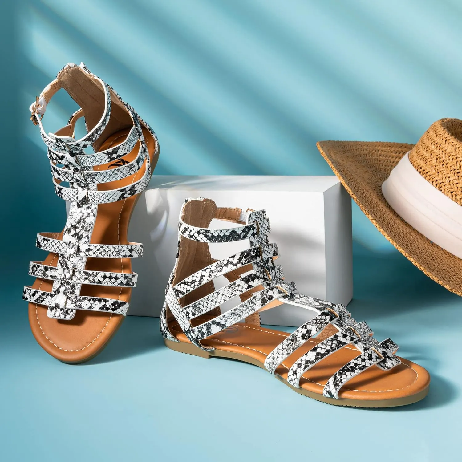 Trary Women's Sandal, Comfortable Gladiator Sandals Ankle Strap Flats Sandalias Para Mujer Beach Sandals Wide Width Open Toe Cross Strappy Sandals for Women Dressy Summer