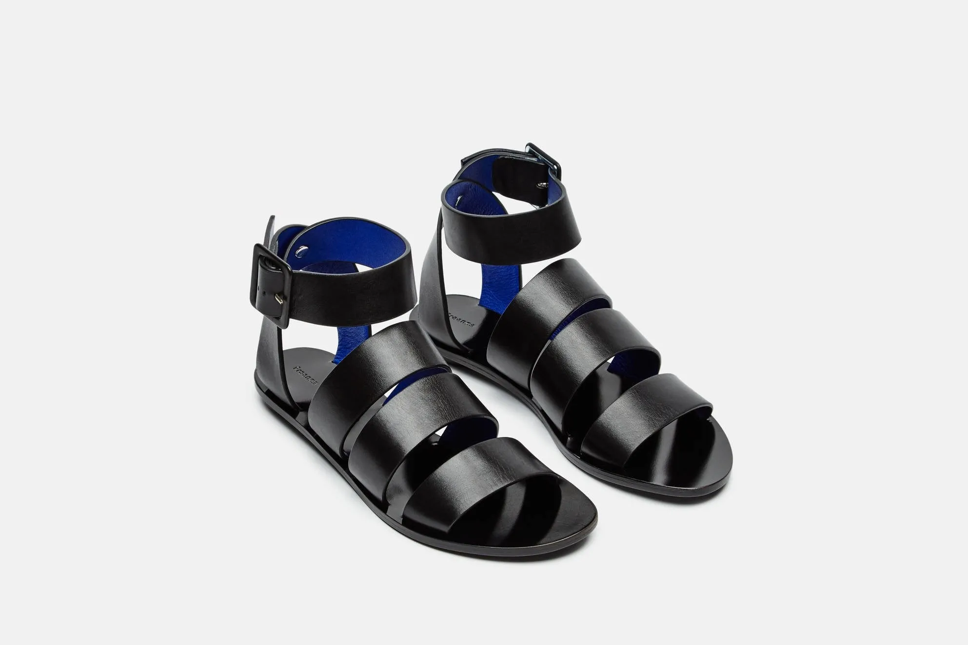 Triple Strap Flat Sandal w/Ankle Strap - Black