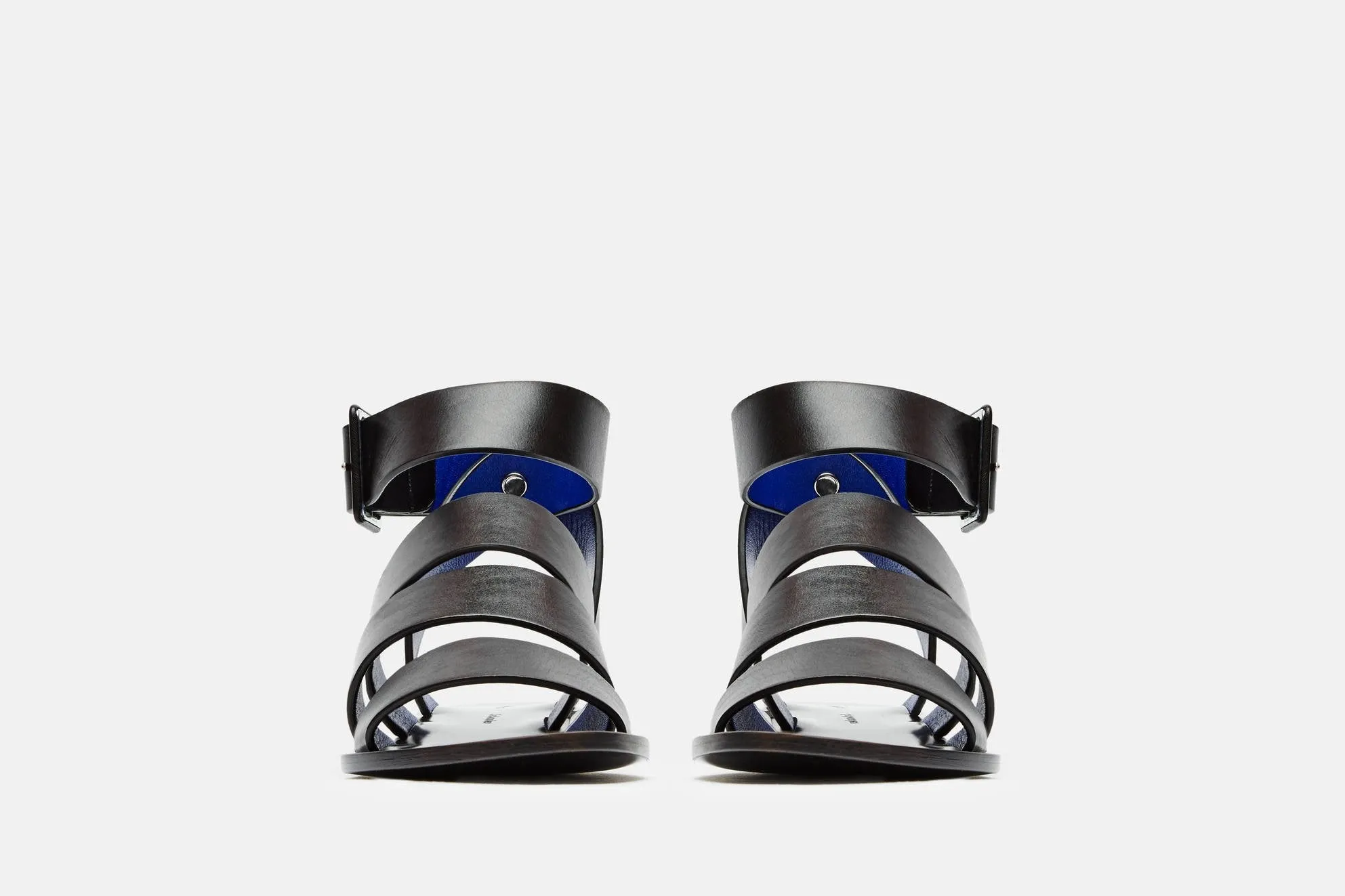 Triple Strap Flat Sandal w/Ankle Strap - Black