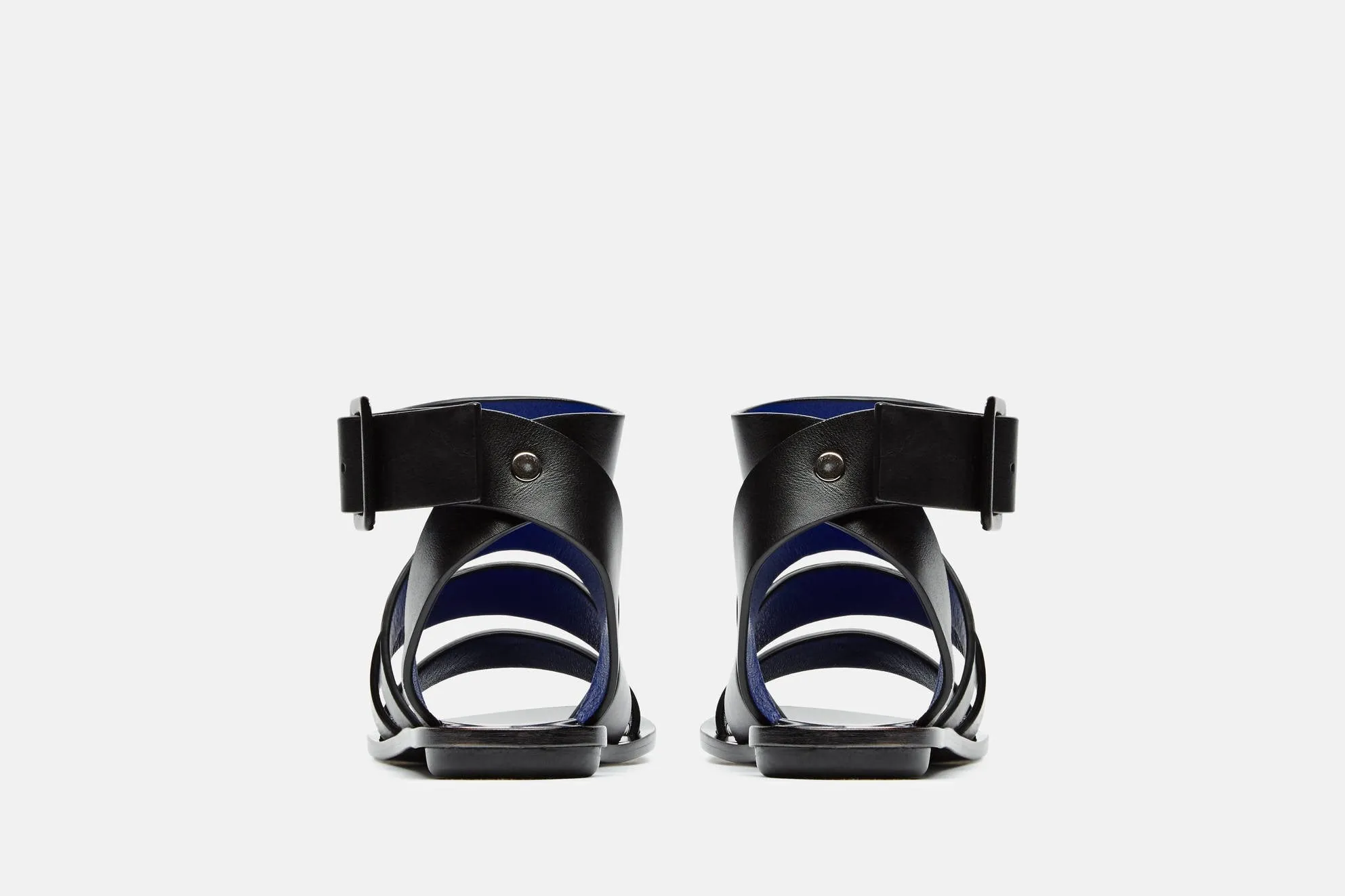 Triple Strap Flat Sandal w/Ankle Strap - Black