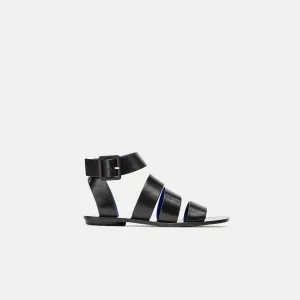 Triple Strap Flat Sandal w/Ankle Strap - Black