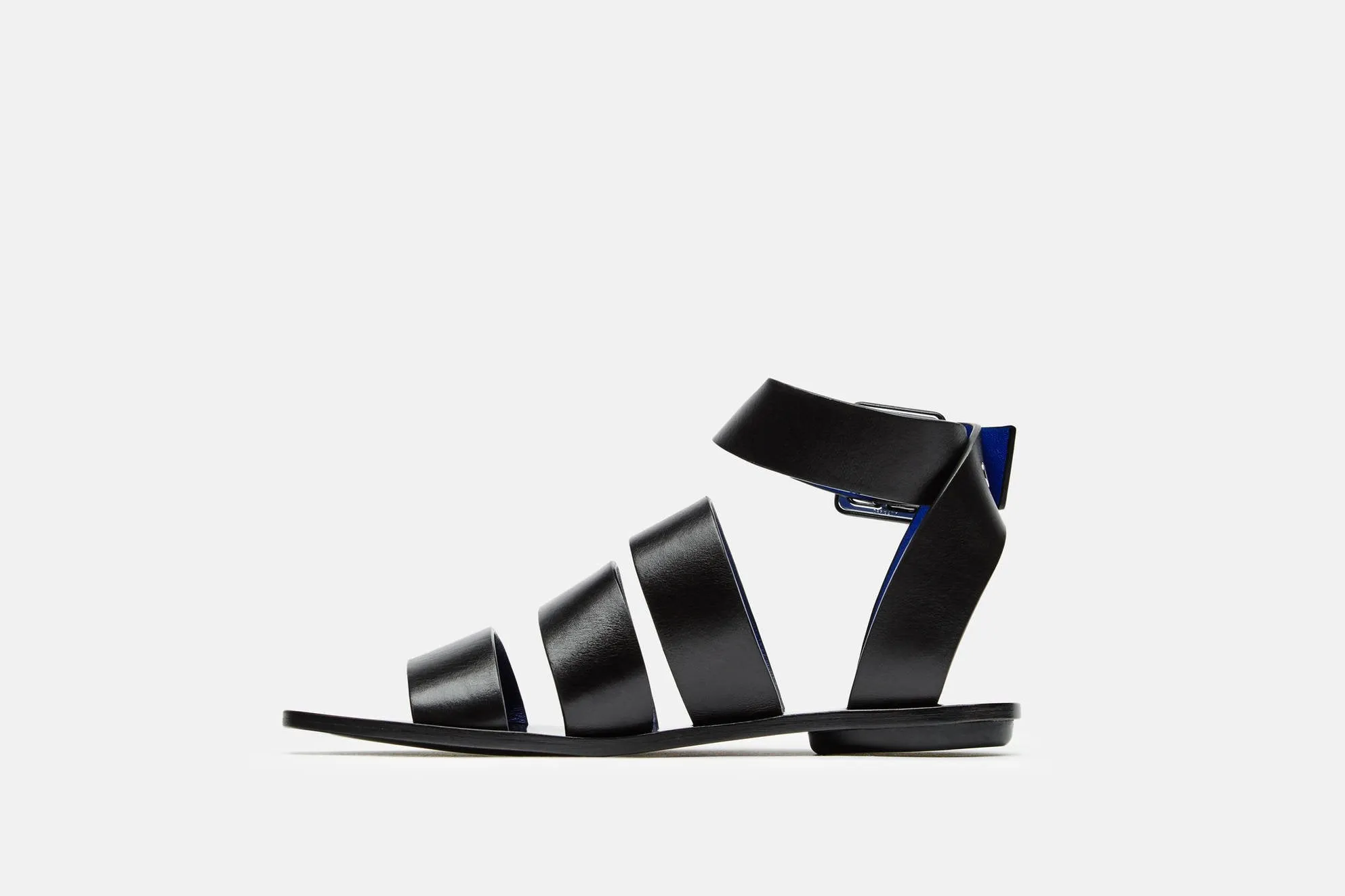Triple Strap Flat Sandal w/Ankle Strap - Black