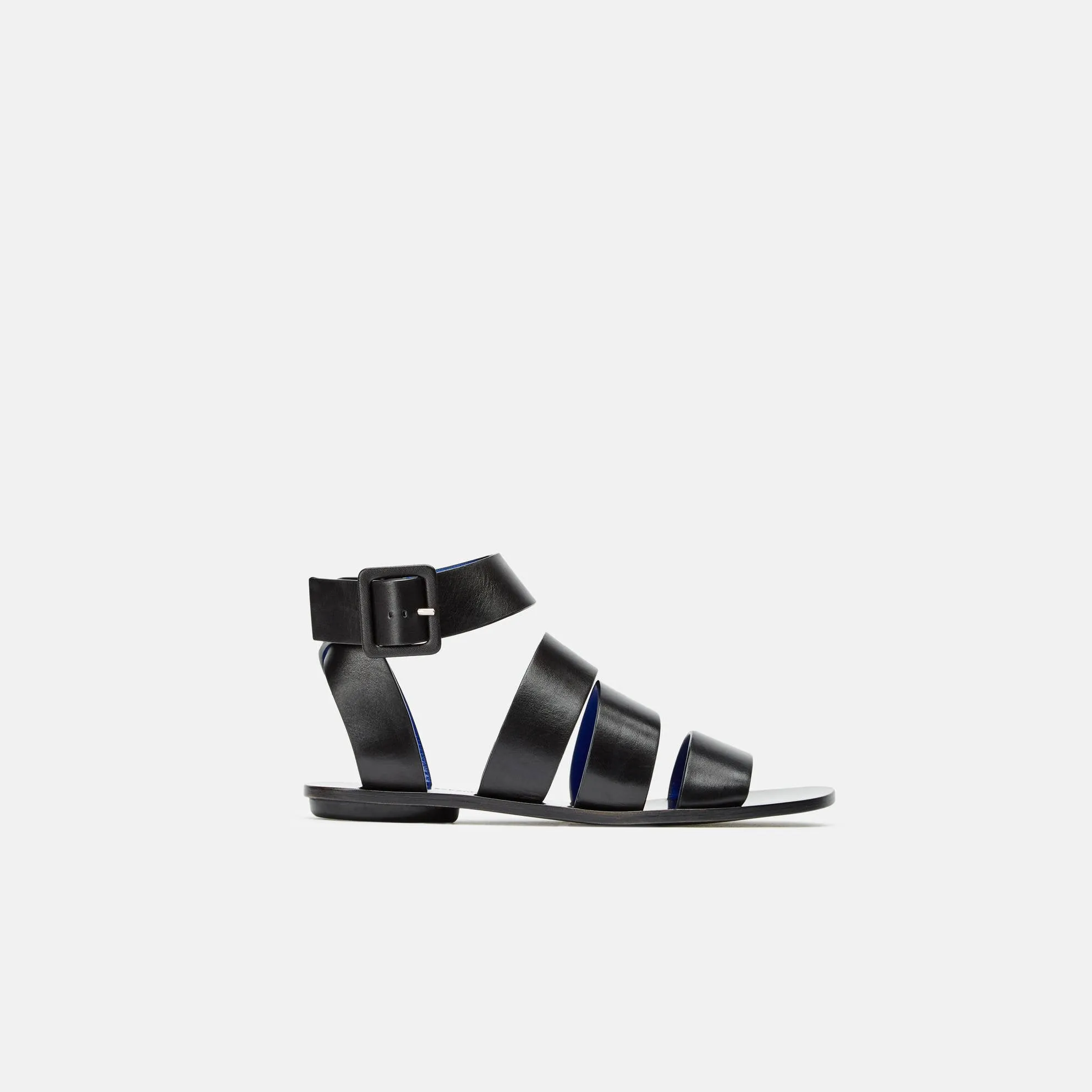 Triple Strap Flat Sandal w/Ankle Strap - Black