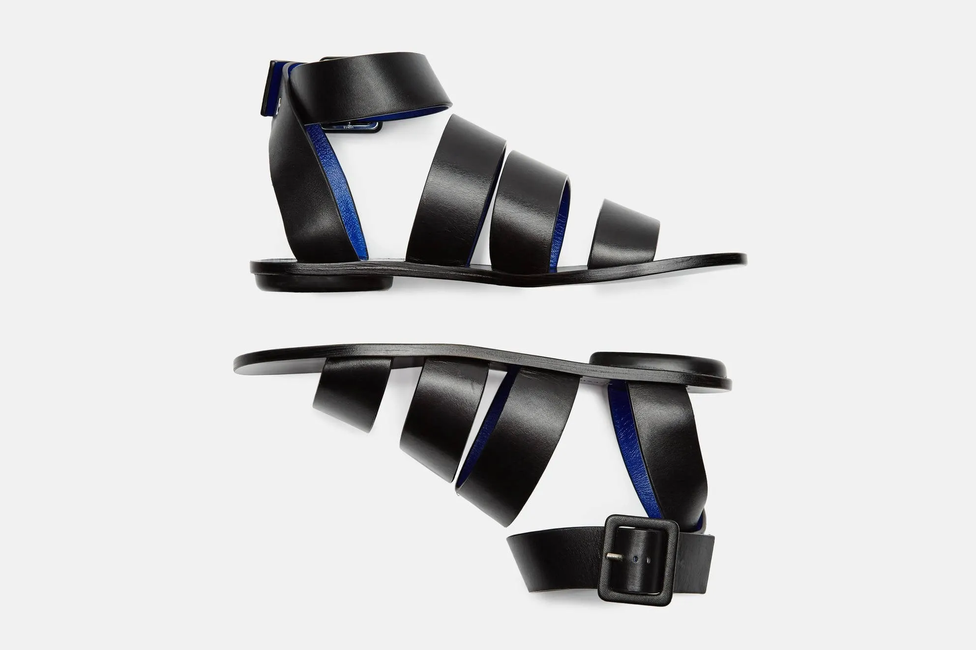 Triple Strap Flat Sandal w/Ankle Strap - Black