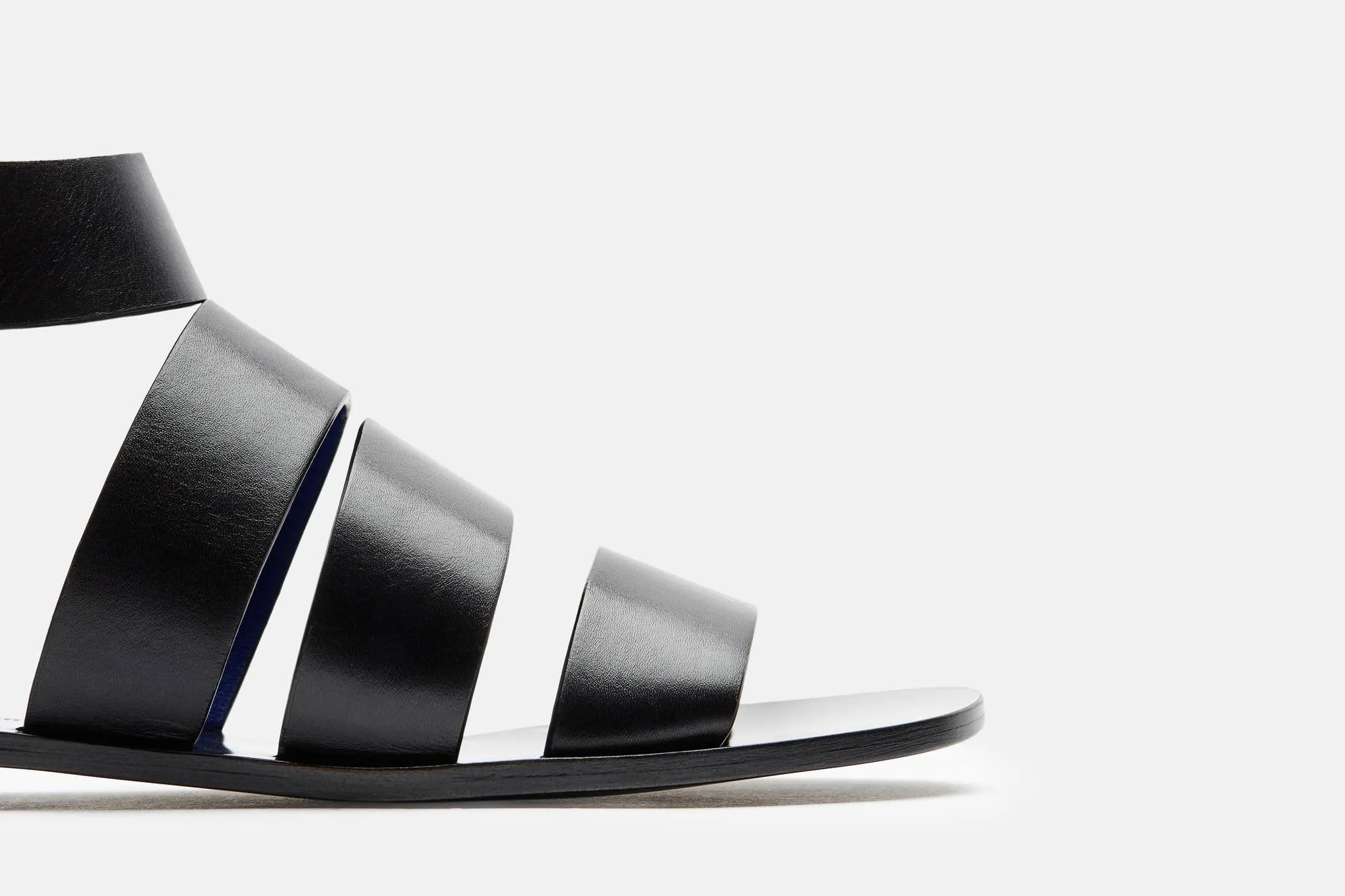 Triple Strap Flat Sandal w/Ankle Strap - Black