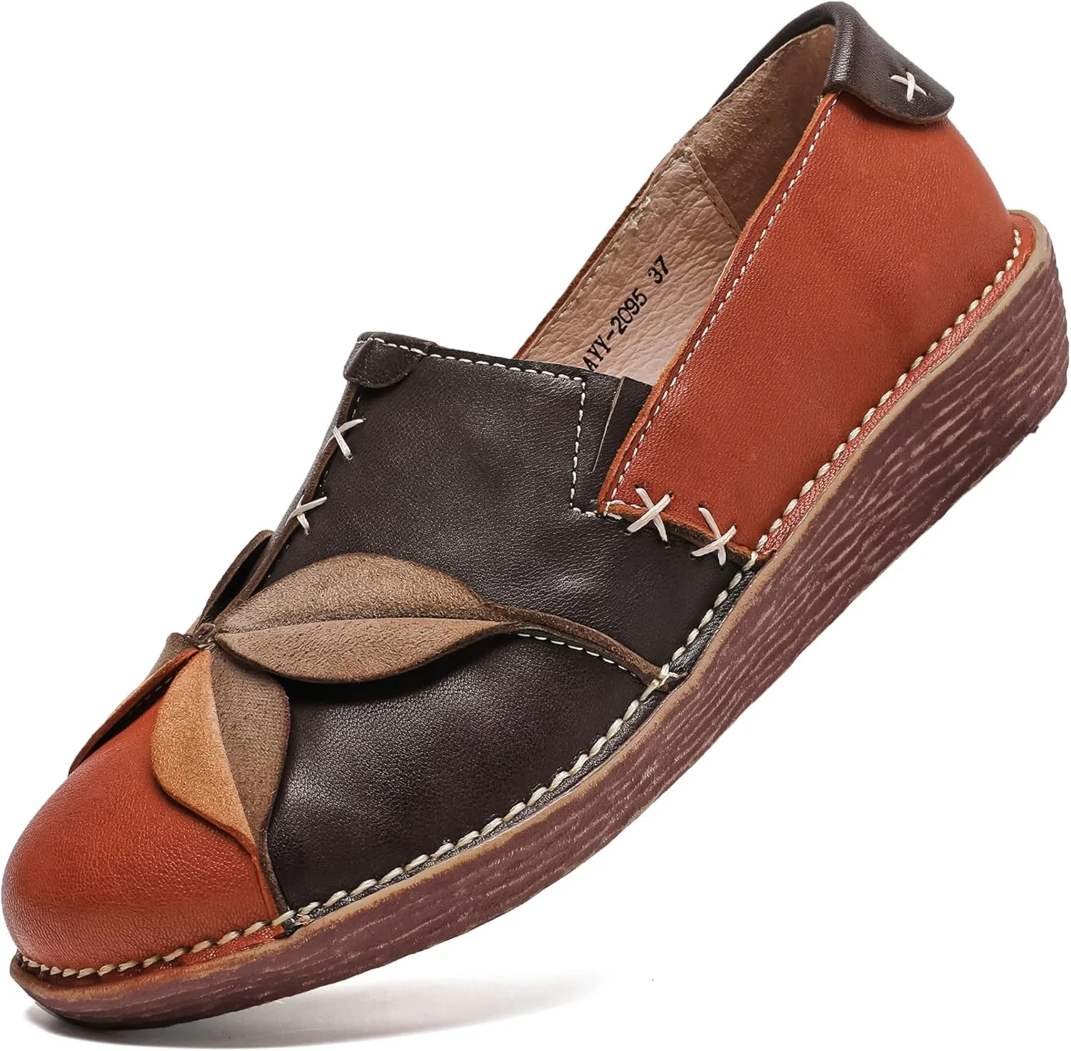 Trsorini Women's Casual Loafers Slip on Multi Color Stitching Leather Shoes Daily Walking