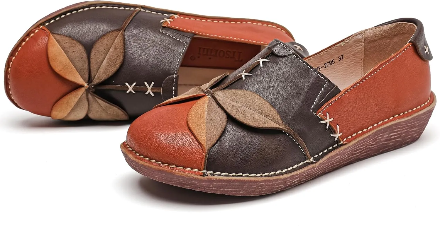 Trsorini Women's Casual Loafers Slip on Multi Color Stitching Leather Shoes Daily Walking