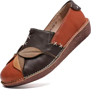 Trsorini Women's Casual Loafers Slip on Multi Color Stitching Leather Shoes Daily Walking
