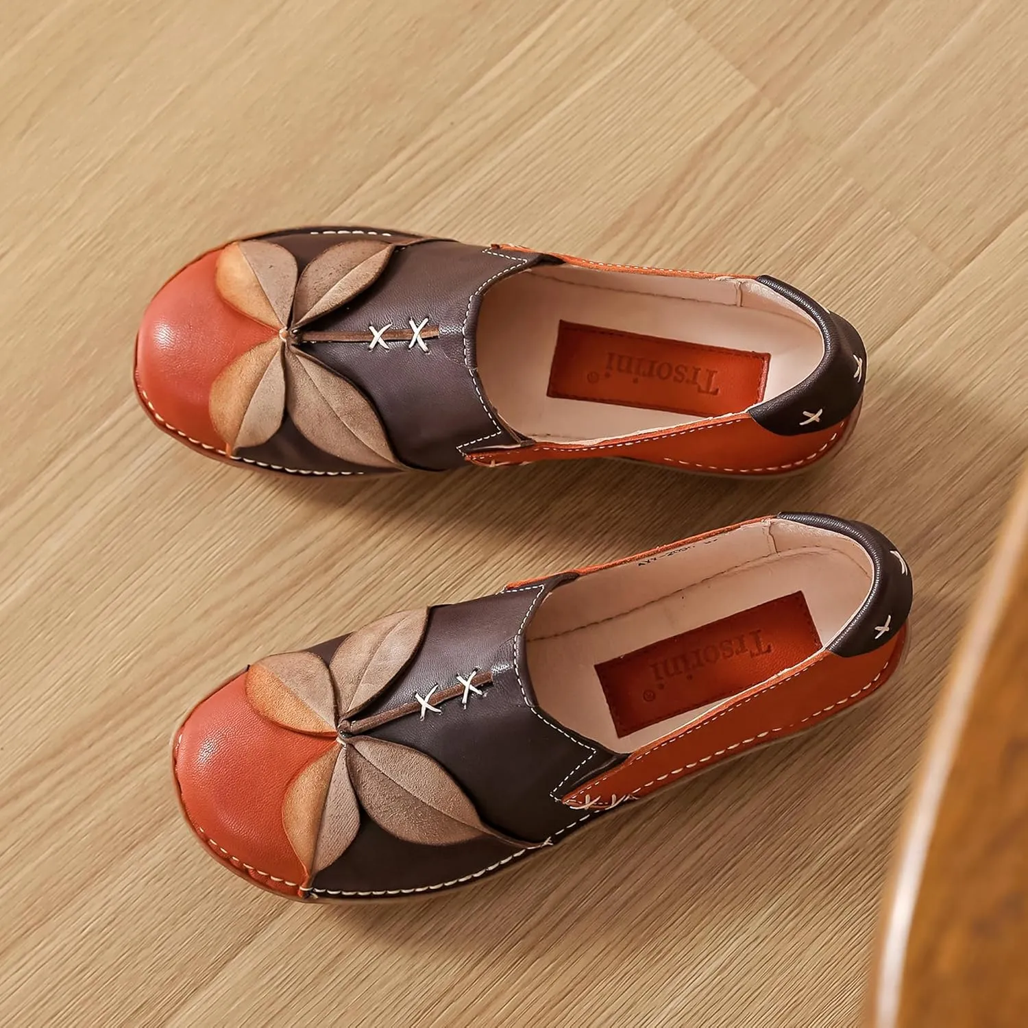 Trsorini Women's Casual Loafers Slip on Multi Color Stitching Leather Shoes Daily Walking