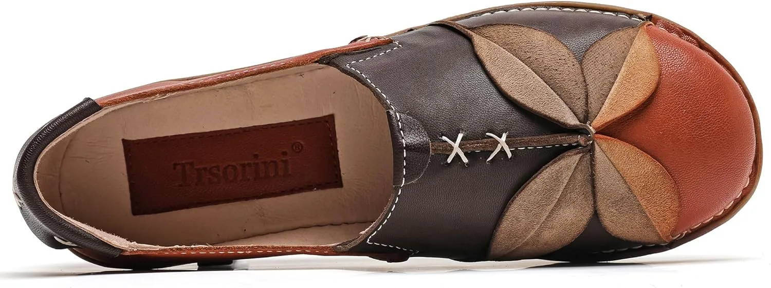 Trsorini Women's Casual Loafers Slip on Multi Color Stitching Leather Shoes Daily Walking