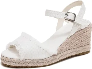 U-lite Peep Toe Canvas Espadrille Tassel Wedge Sandal for Women, Buckle Ankle Strap Flatform Casual Shoes