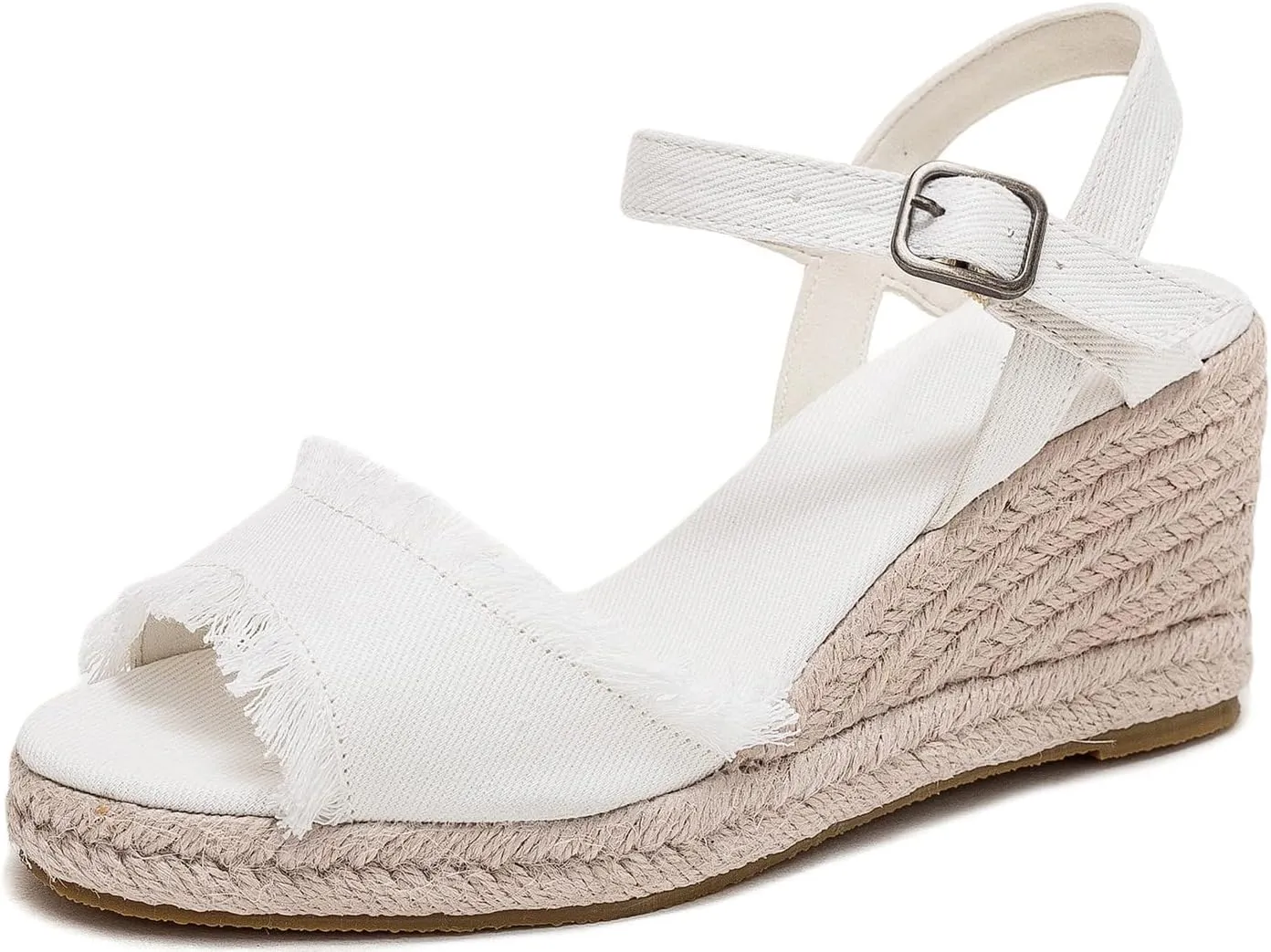 U-lite Peep Toe Canvas Espadrille Tassel Wedge Sandal for Women, Buckle Ankle Strap Flatform Casual Shoes