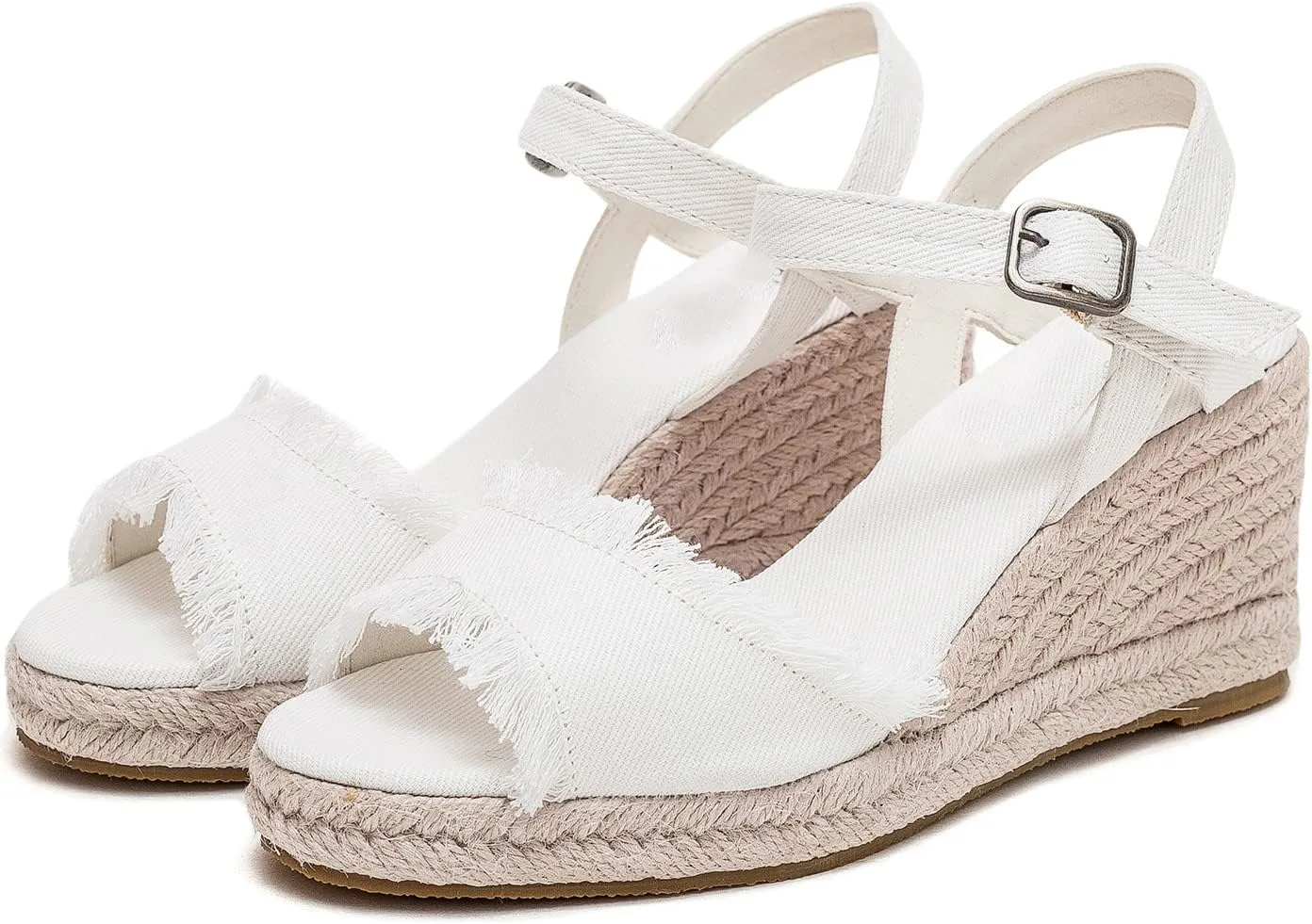 U-lite Peep Toe Canvas Espadrille Tassel Wedge Sandal for Women, Buckle Ankle Strap Flatform Casual Shoes