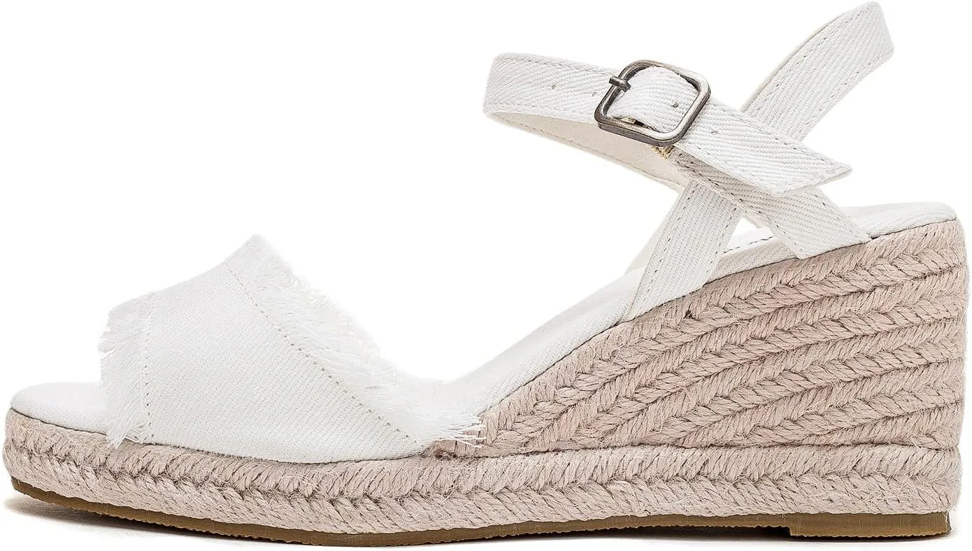 U-lite Peep Toe Canvas Espadrille Tassel Wedge Sandal for Women, Buckle Ankle Strap Flatform Casual Shoes