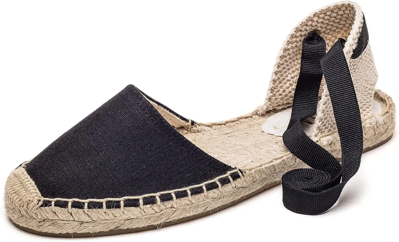 U-lite Womens Platform Wedge Closed Toe Summer Espadrille Sandals,Classic Lace Up Ankle Wrap Dressy Heel Shoes Black 8.5