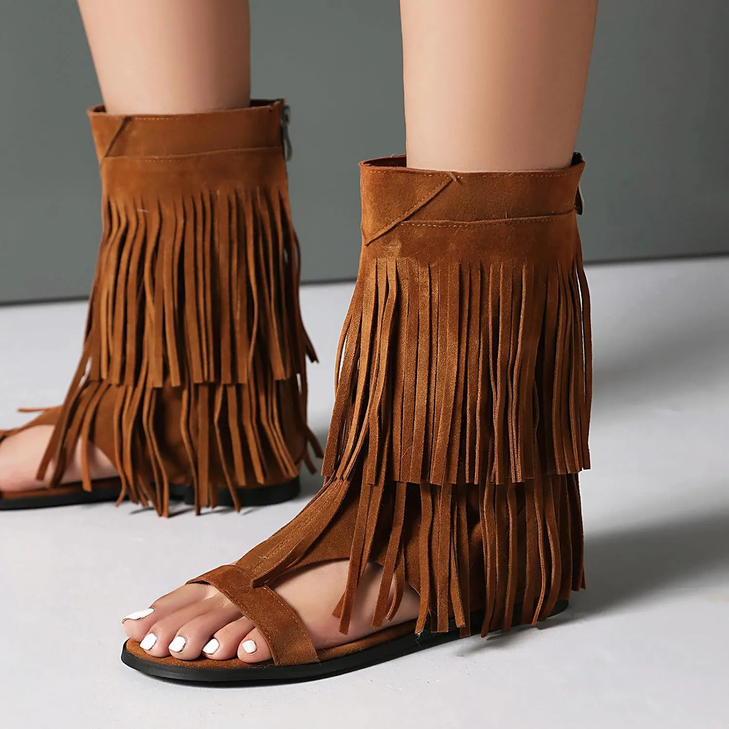 UP2STEP Suede Gladiator Flat Sandal with Fringe Tassel | Stylish Open Toe Design for Women's Trendy Casual Footwear