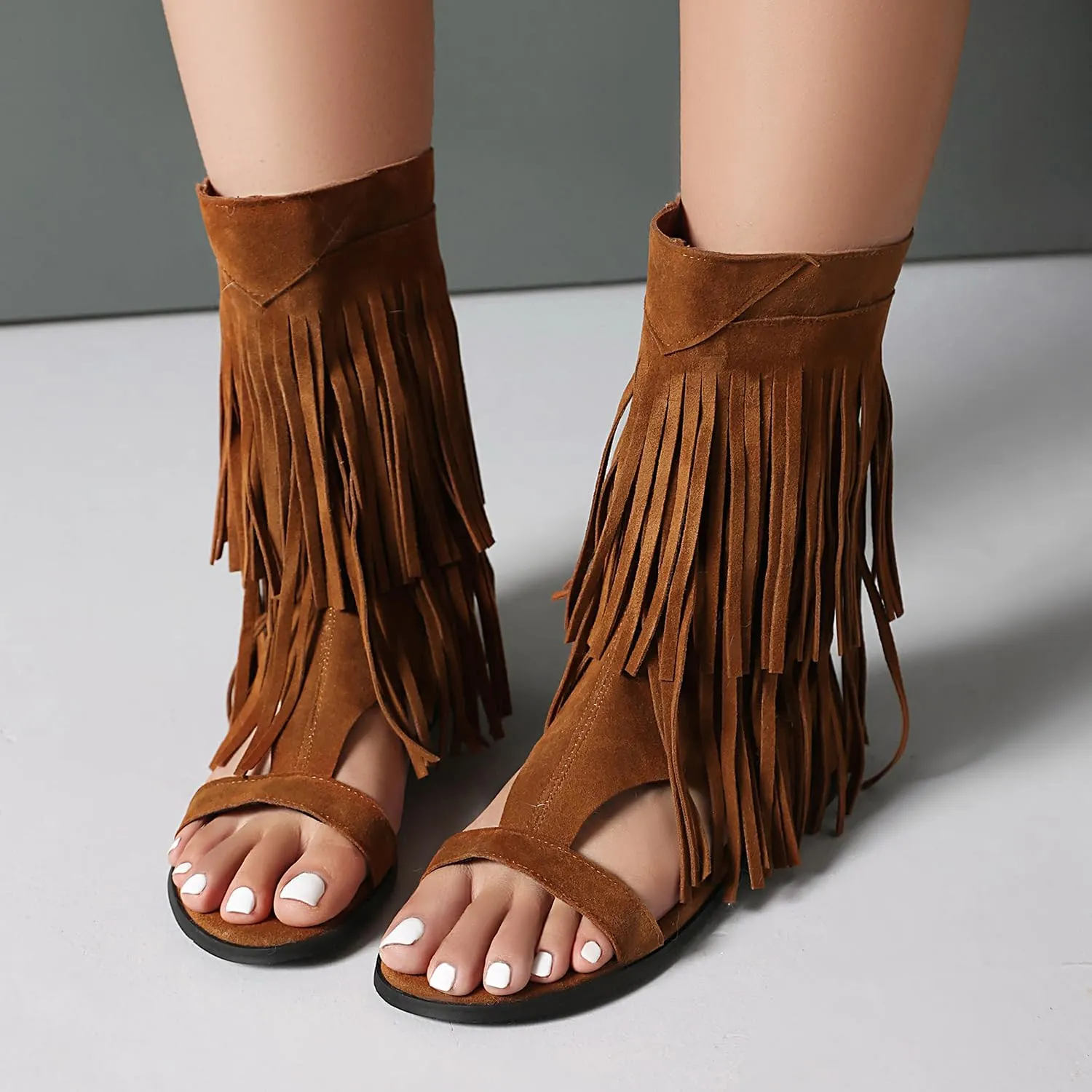 UP2STEP Suede Gladiator Flat Sandal with Fringe Tassel | Stylish Open Toe Design for Women's Trendy Casual Footwear