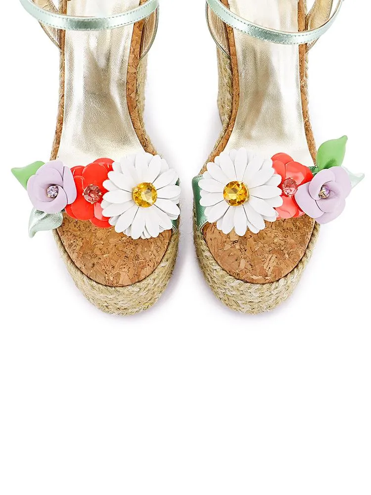 Vegan Leather Floral Single Band Open-toe Espadrille Wedge Sandals With Buckle Ankle Strap
