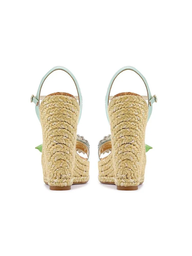 Vegan Leather Floral Single Band Open-toe Espadrille Wedge Sandals With Buckle Ankle Strap